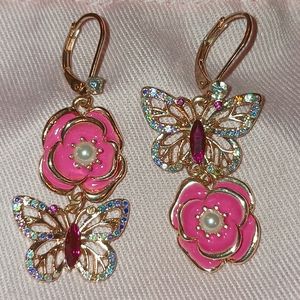 Rhinestone Butterfly Earrings with Dangling Rose Faux Pearl Silvertone Setting